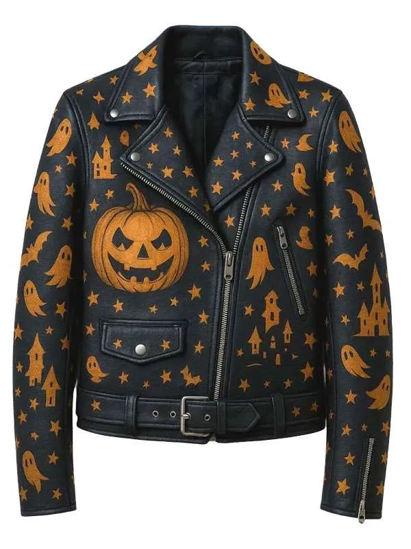 Haunting Ghost and Pumpkin Black Biker Leather Jacket for Halloween