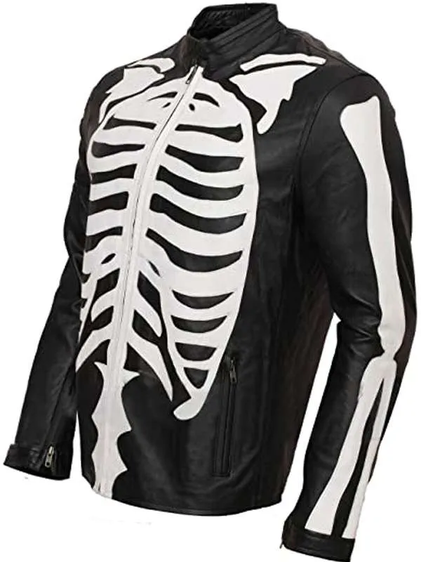 Halloween Party Skeleton Bones Black Leather Jacket - Image 2