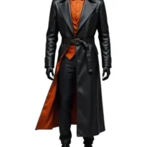 Halloween-Pumpkin-Black-Leather-Long-Coat-front-style-model-1.webp