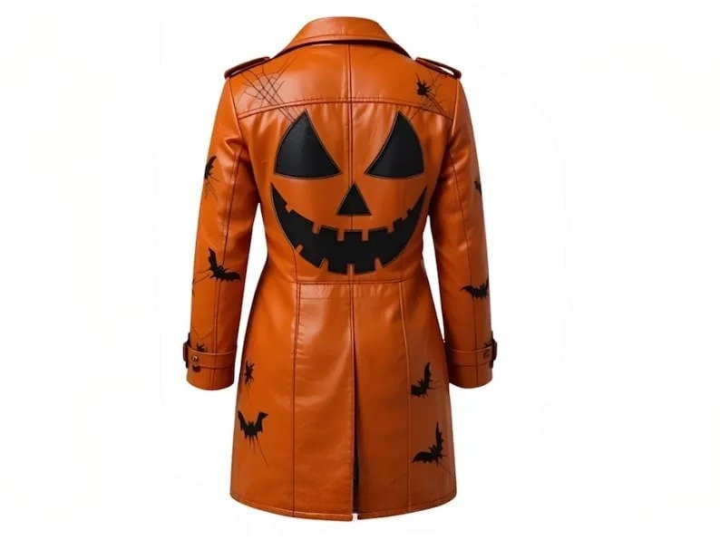 Halloween Pumpkin Leather Trench Coat Unisex Cosplay Overcoat - Image 2