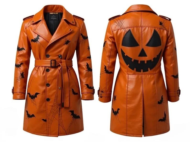 Halloween Pumpkin Leather Trench Coat Unisex Cosplay Overcoat - Image 3