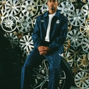 Men Navy Blue Patterned Racing Jacket Cotton