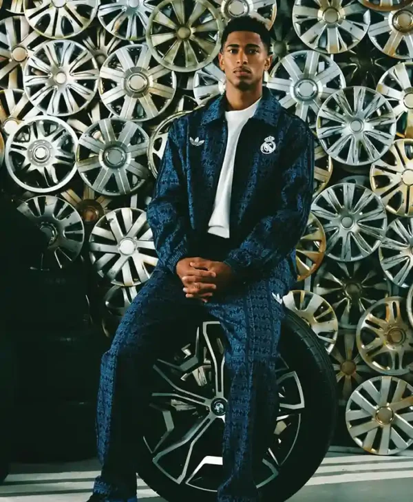 Men Navy Blue Patterned Racing Jacket Cotton