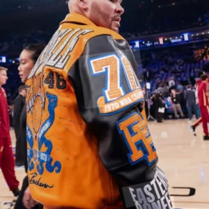 NY Knicks Fat Joe Orange and Black Leather Jacket For Sale