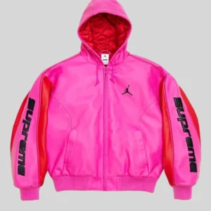 Supreme X Jordan 2026 Pink Hooded Leather Jacket