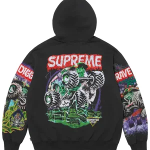 Supreme x Grave Digger Zip-Up Black Hooded Sweatshirt For Sale