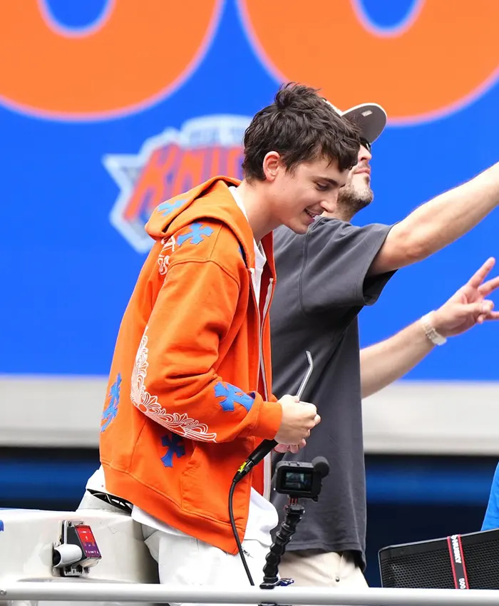 Timothee Chalamet Knicks Victory Parade 2026 Orange Jacket for sale