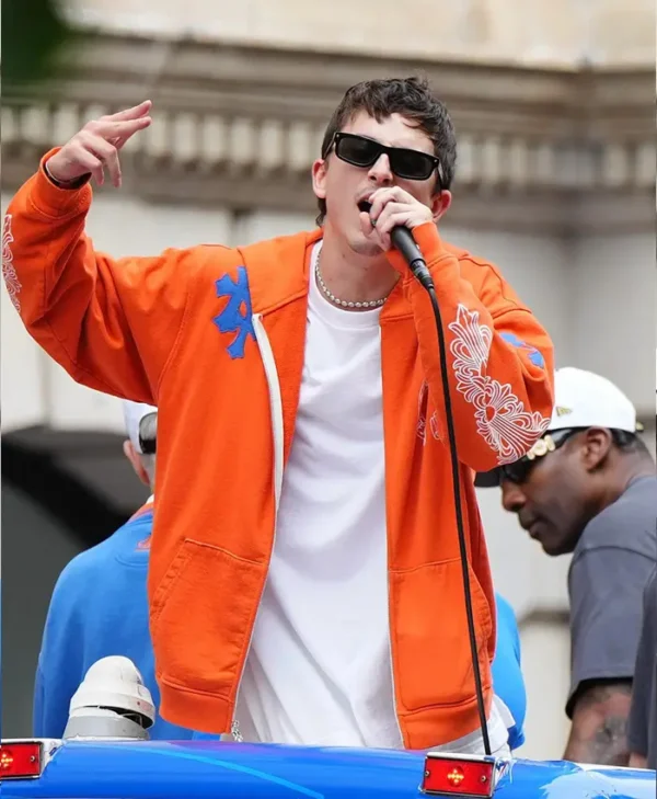Timothee Chalamet Knicks Victory Parade 2026 Orange Jacket