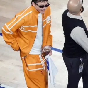 Timothée Chalamet NBA Finals Game 3 Orange Tracksuit for sale