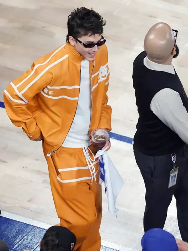 Timothée Chalamet NBA Finals Game 3 Orange Tracksuit for sale