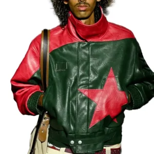 buy now KidSuper SS27 Red And Green Star Leather Bomber Jacket