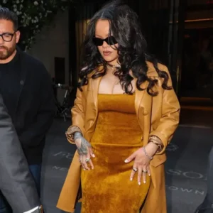 buy now Tribeca Film Festival Rihanna Mustard Leather Coat