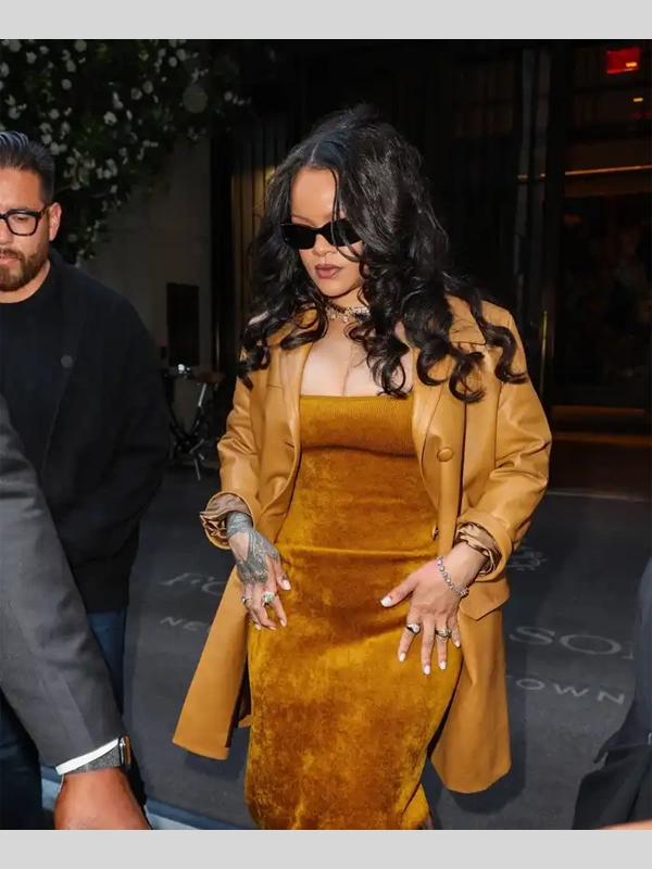 buy now Tribeca Film Festival Rihanna Mustard Leather Coat