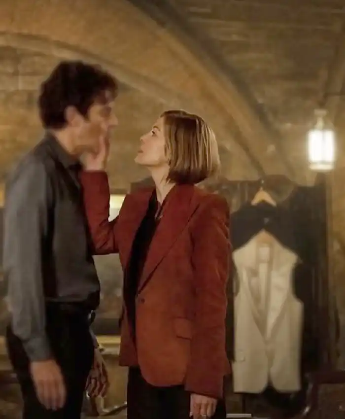 order now Ladies First 2026 Rosamund Pike Suede Blazer