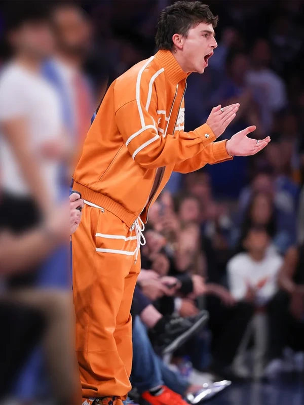 order now Timothée Chalamet NBA Finals Game 3 Orange Tracksuit for sale