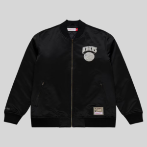 shop now Mitchell & Ness Knicks Black Chrome Satin Bomber Jacket
