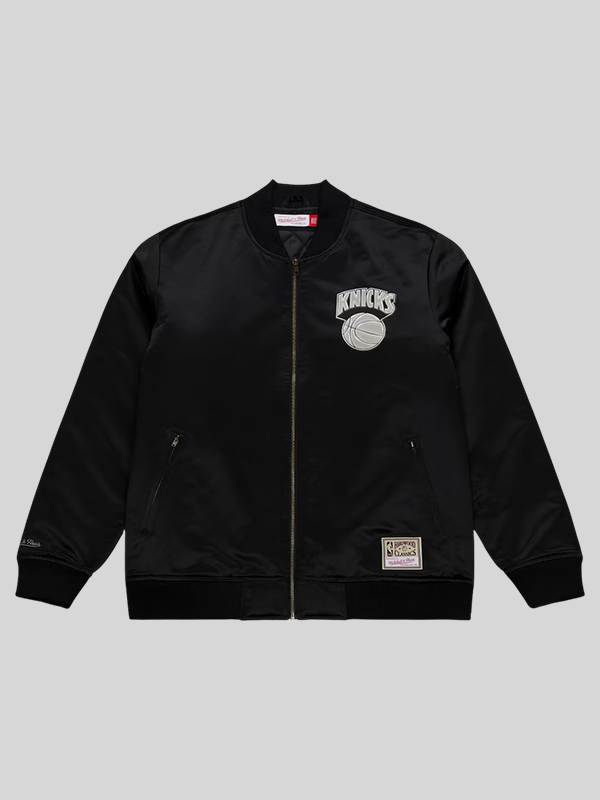 shop now Mitchell & Ness Knicks Black Chrome Satin Bomber Jacket