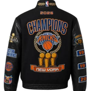 shop now NY Knicks 2026 NBA Champions Black Wool & Leather Jacket