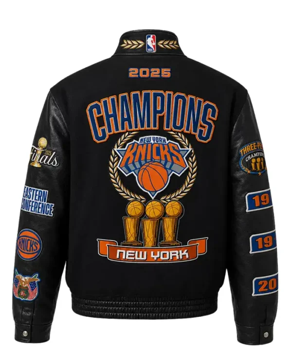 shop now NY Knicks 2026 NBA Champions Black Wool & Leather Jacket