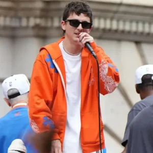 shop now Timothee Chalamet Knicks Victory Parade 2026 Orange Jacket