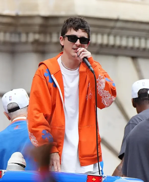 shop now Timothee Chalamet Knicks Victory Parade 2026 Orange Jacket