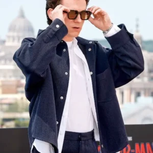 shop now Tom Holland Spider Man New Day Rome Blue Wool Jacket