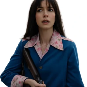 Anne Hathaway The End of Oak Street 2026 Blue Floral Coat For Sale