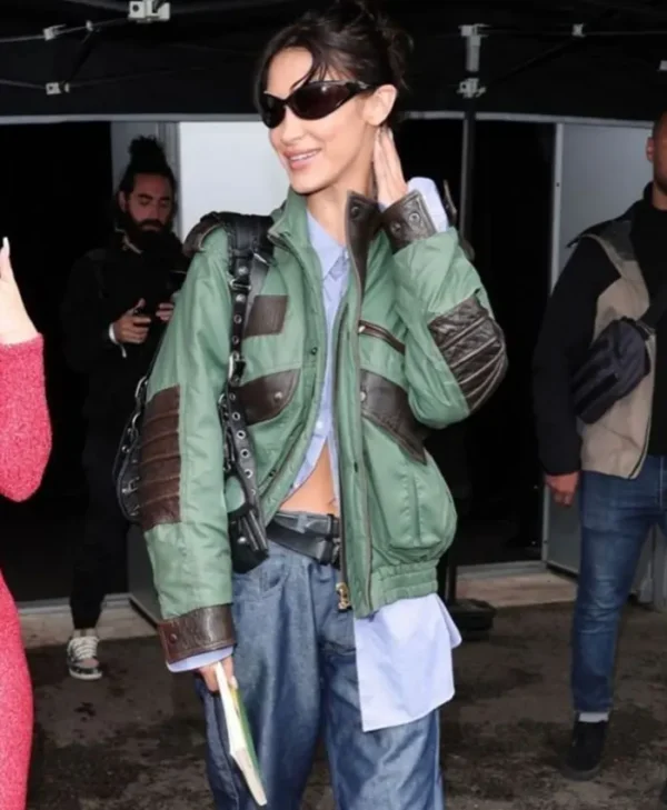 Bella Hadid Balenciaga Show Green Bomber Jacket