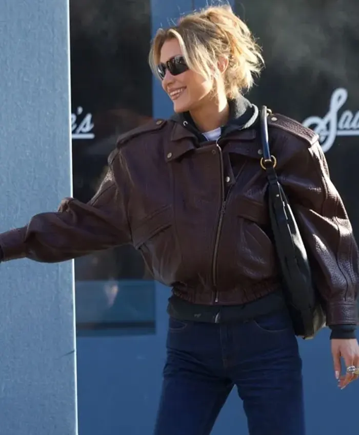 Bella Hadid NYC 2026 Brown Leather Jacket
