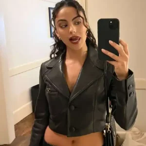 Camila Mendes 2026 Cropped Leather Jacket For Sale