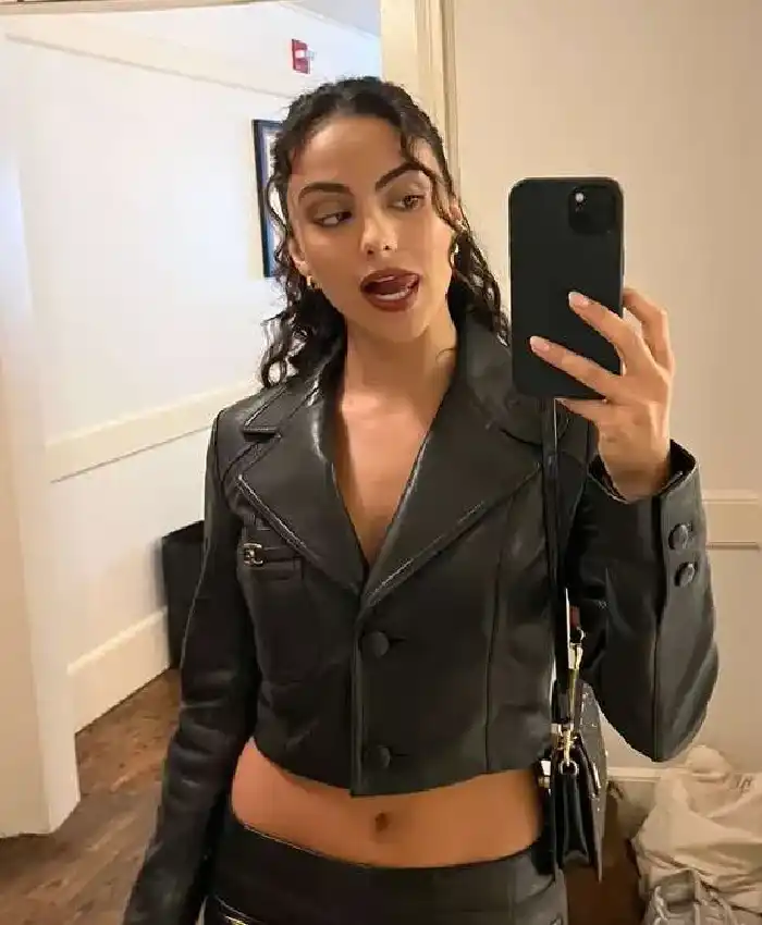 Camila Mendes 2026 Cropped Leather Jacket For Sale
