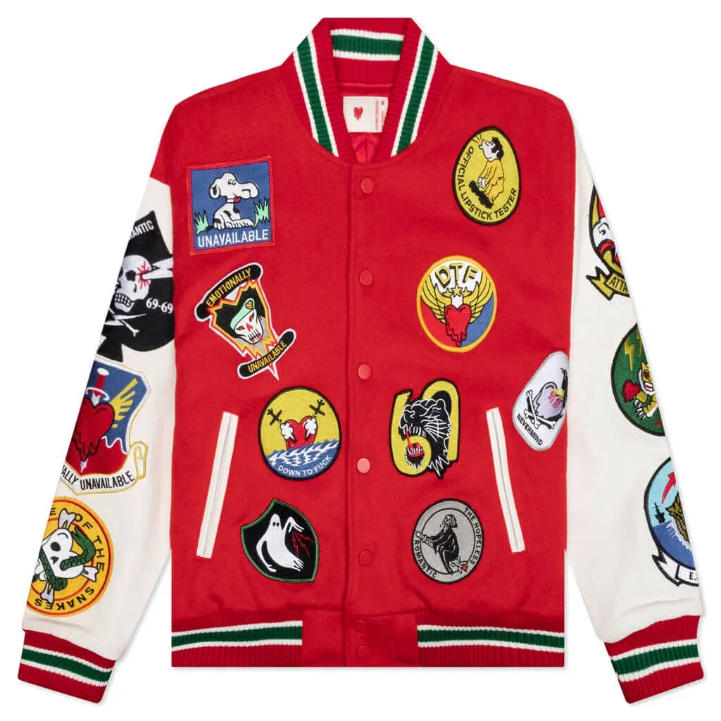 Emotionally Unavailable Patches Red Varsity Jacket