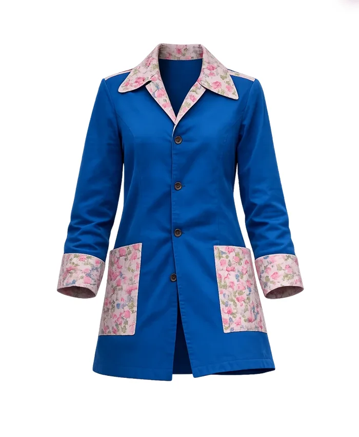 Get Anne Hathaway The End of Oak Street 2026 Blue Floral Coat
