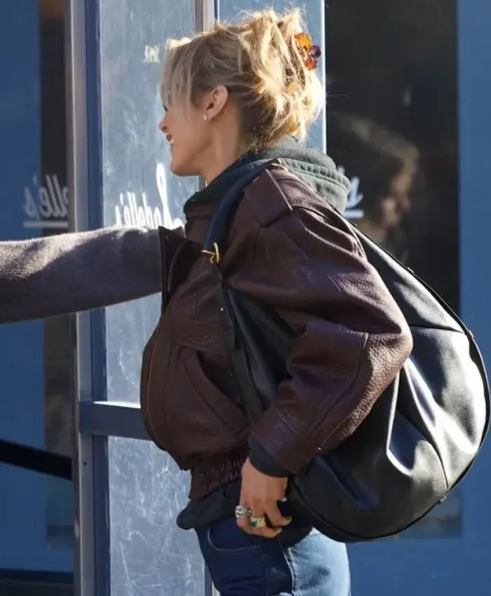 Get Bella Hadid NYC 2026 Brown Leather Jacket