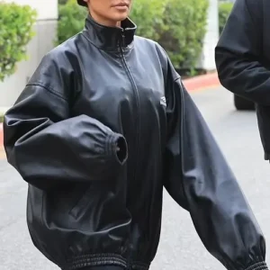 Get Kim Kardashian Balenciaga Black Bomber Leather Jacket