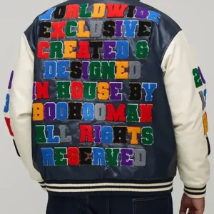 Get Oversized Fit Badge Applique PU Bomber Jacket