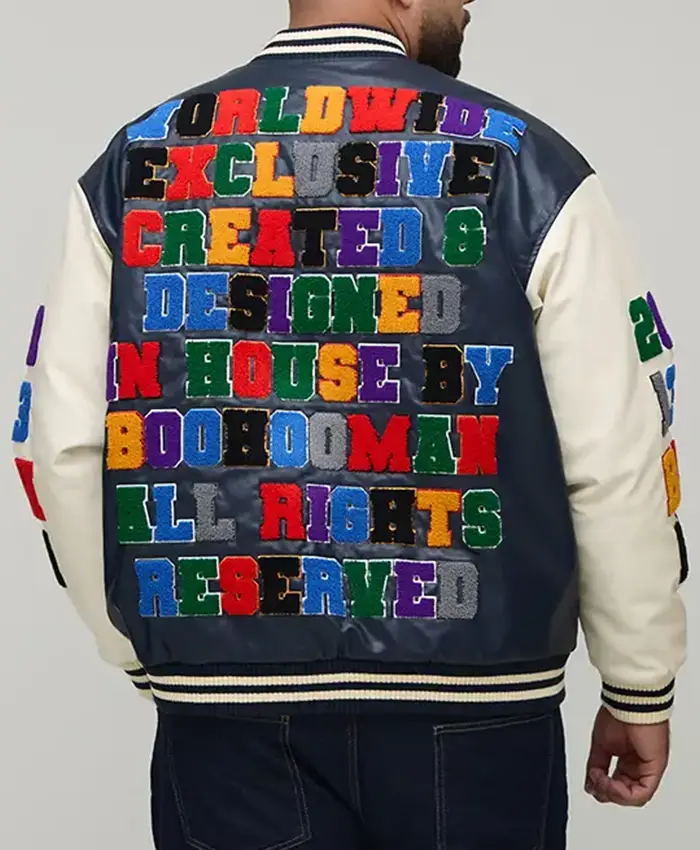 Get Oversized Fit Badge Applique PU Bomber Jacket