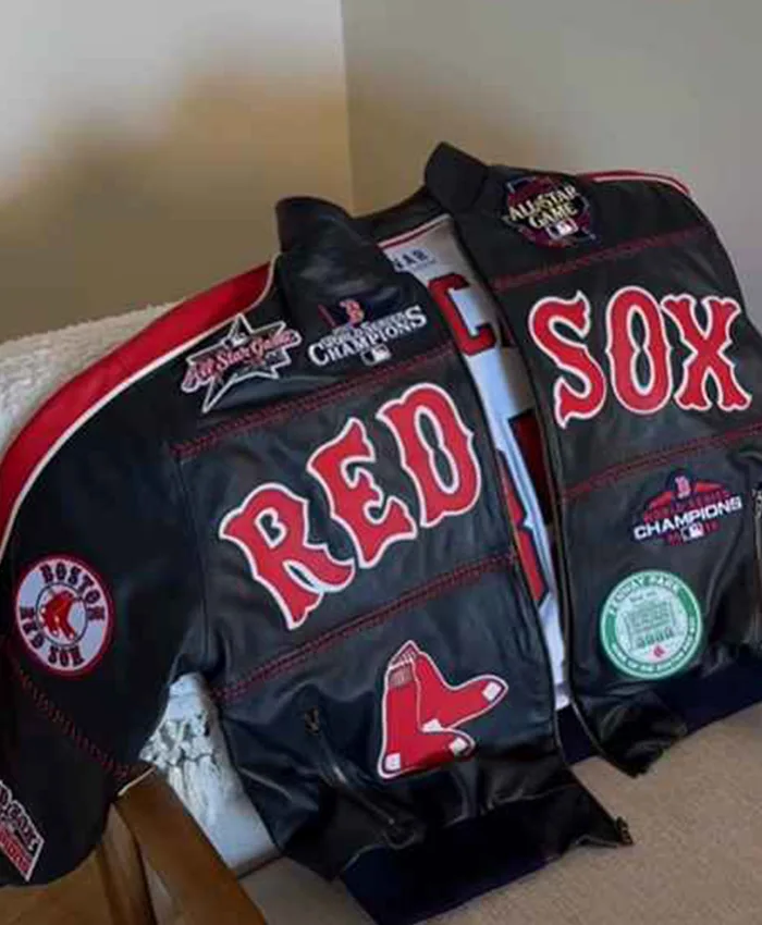 Red Sox Black Leather Bomber Jacket - Image 2