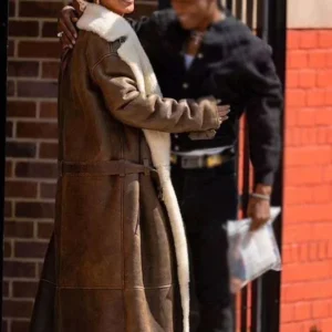 Get Rihanna Brown Shearling Trench Coat