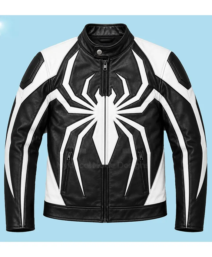 Halloween Spider Black and White Leather Moto Jacket