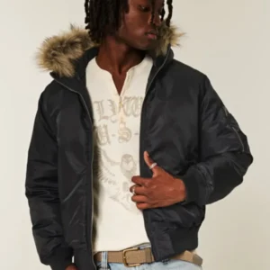 Hollister Faux Fur Hooded Bomber black Jacket