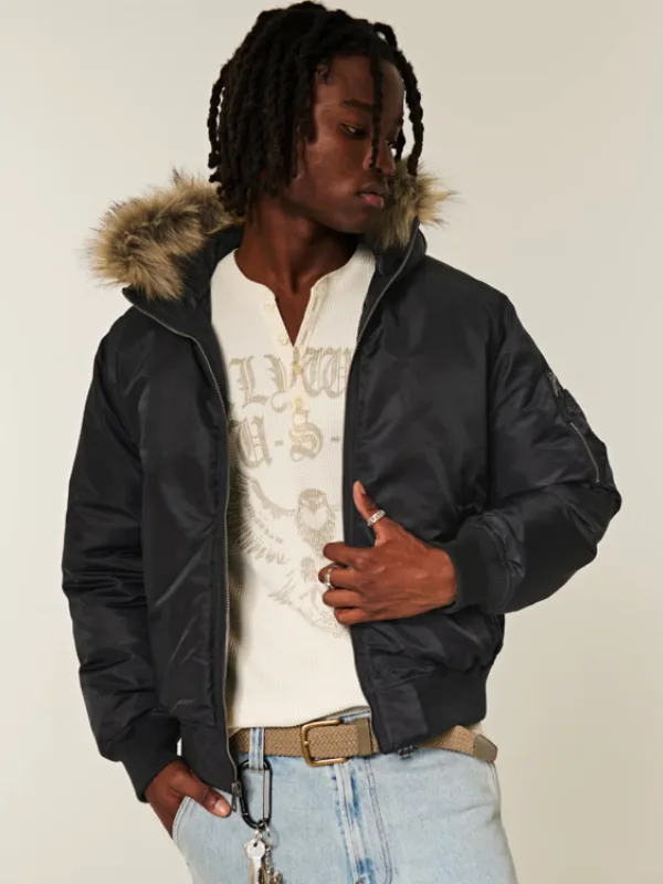 Hollister Faux Fur Hooded Bomber black Jacket