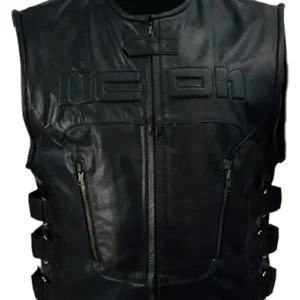 Mens Skull Logo Printed Black Leather Vest