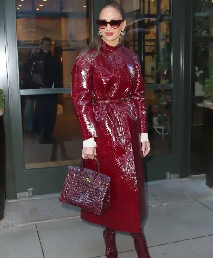 NYC 2026 Jennifer Lopez Burgundy Crocodile Coat Shop Now