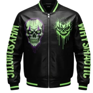Neon Skull Streetwear Punk Leather Varsity Jacket