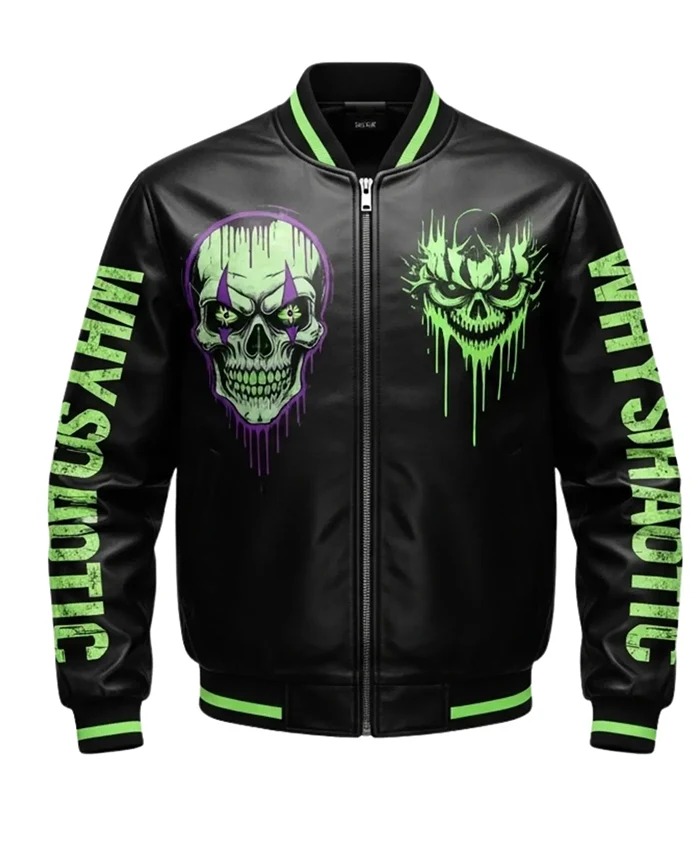 Neon Skull Streetwear Punk Leather Varsity Jacket