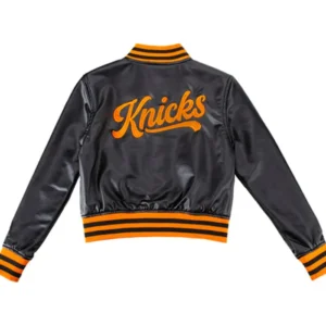 Shop Now York Knicks Black And Orange Leather Varsity Jacket