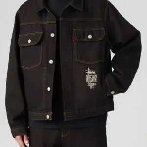 Shop Stussy x Levi’s Crispy Rinse Black Denim Trucker Jacket