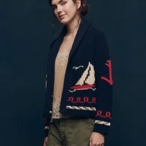 The Great Horse Sailboat Lodge Cardigan Sweater In Cream and Navy