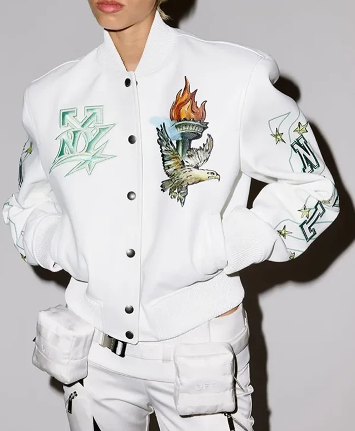 WNBA New York Liberty x OFF White Leather Varsity Jacket